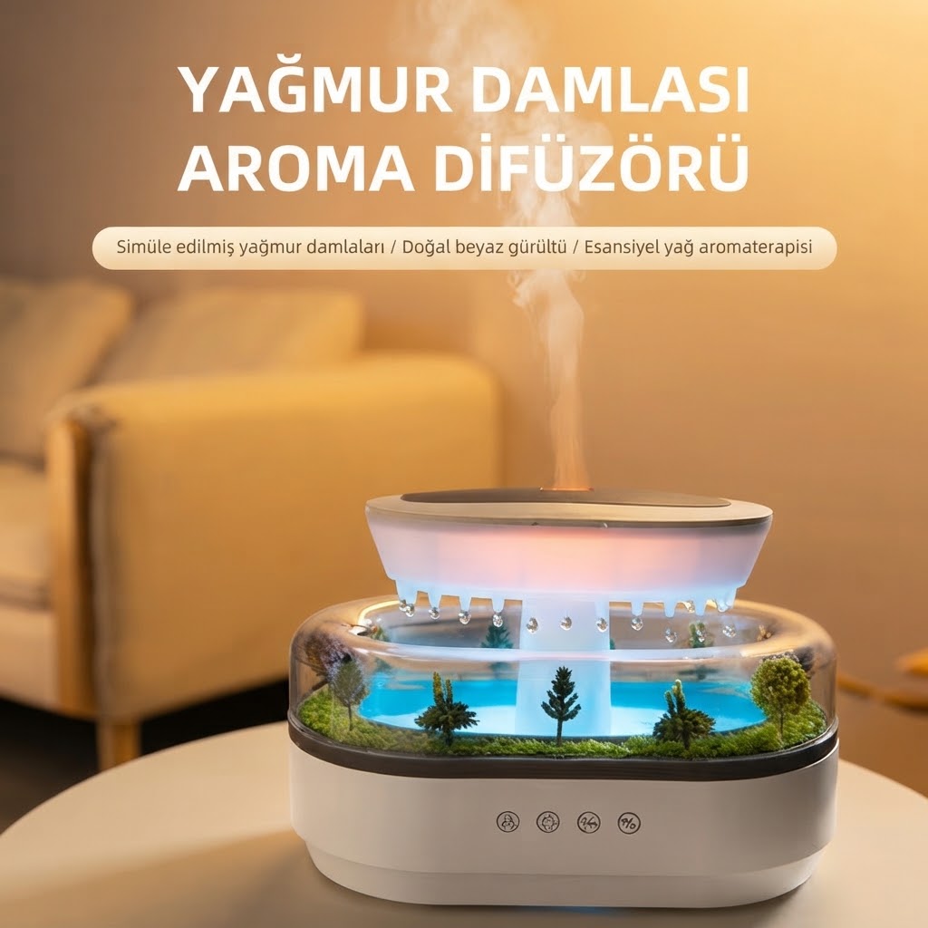 Yağmur Damlası Efektli Hava Nemlendirici ve Aroma Difüzör, Doğa Ses Modları, LED Ambiyans Işıklı, Sessiz Çalışma, Buharlı Nemlendirici Buhar Makinesi, Dekoratif Tasarım (Yapay Teraryum Tasarımı)