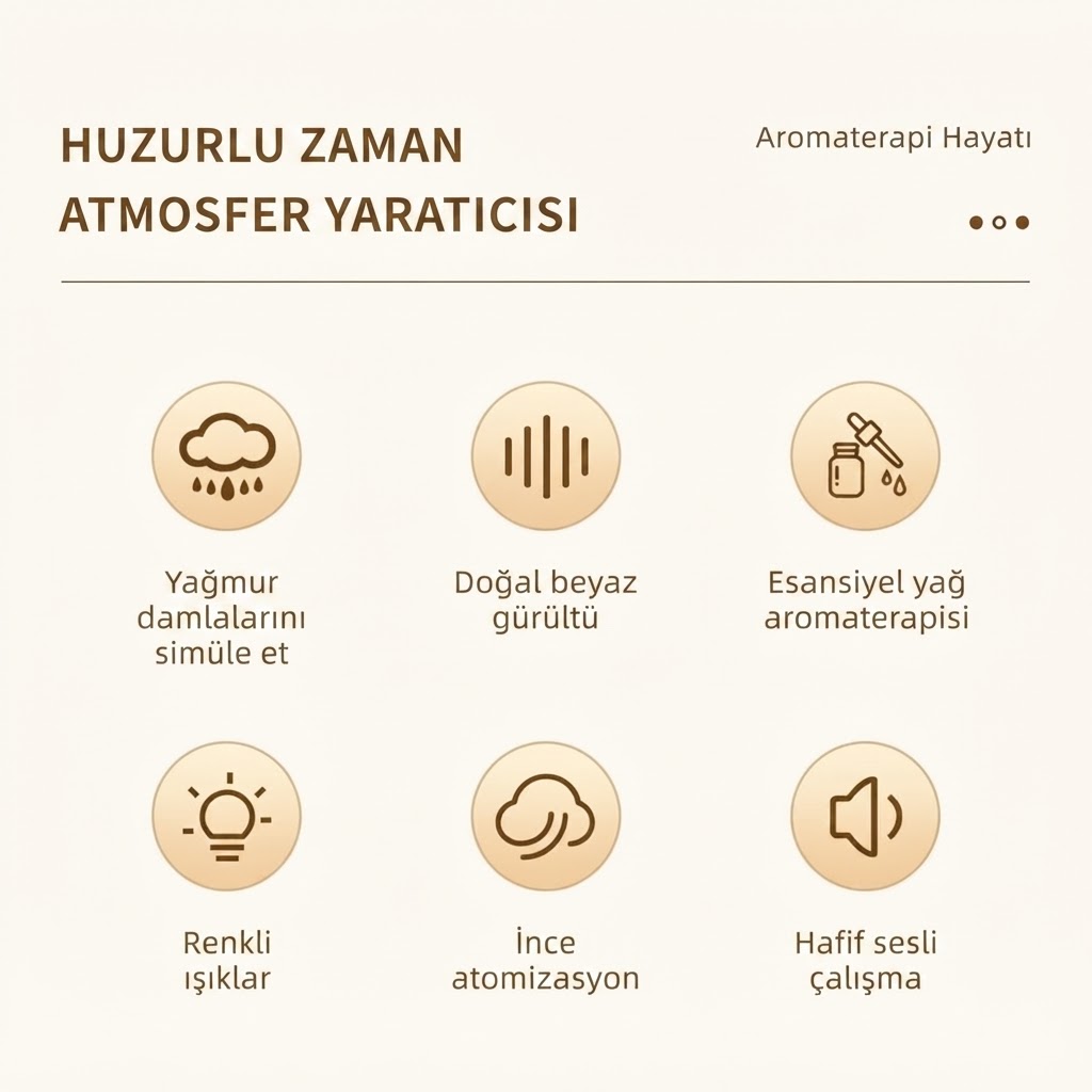 Yağmur Damlası Efektli Hava Nemlendirici ve Aroma Difüzör, Doğa Ses Modları, LED Ambiyans Işıklı, Sessiz Çalışma, Buharlı Nemlendirici Buhar Makinesi, Dekoratif Tasarım (Yapay Teraryum Tasarımı)
