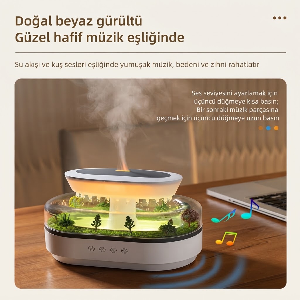Yağmur Damlası Efektli Hava Nemlendirici ve Aroma Difüzör, Doğa Ses Modları, LED Ambiyans Işıklı, Sessiz Çalışma, Buharlı Nemlendirici Buhar Makinesi, Dekoratif Tasarım (Yapay Teraryum Tasarımı)