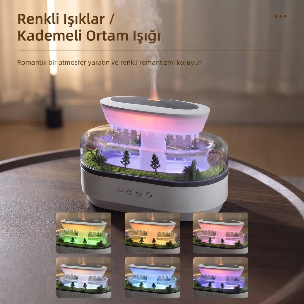 Yağmur Damlası Efektli Hava Nemlendirici ve Aroma Difüzör, Doğa Ses Modları, LED Ambiyans Işıklı, Sessiz Çalışma, Buharlı Nemlendirici Buhar Makinesi, Dekoratif Tasarım (Yapay Teraryum Tasarımı)