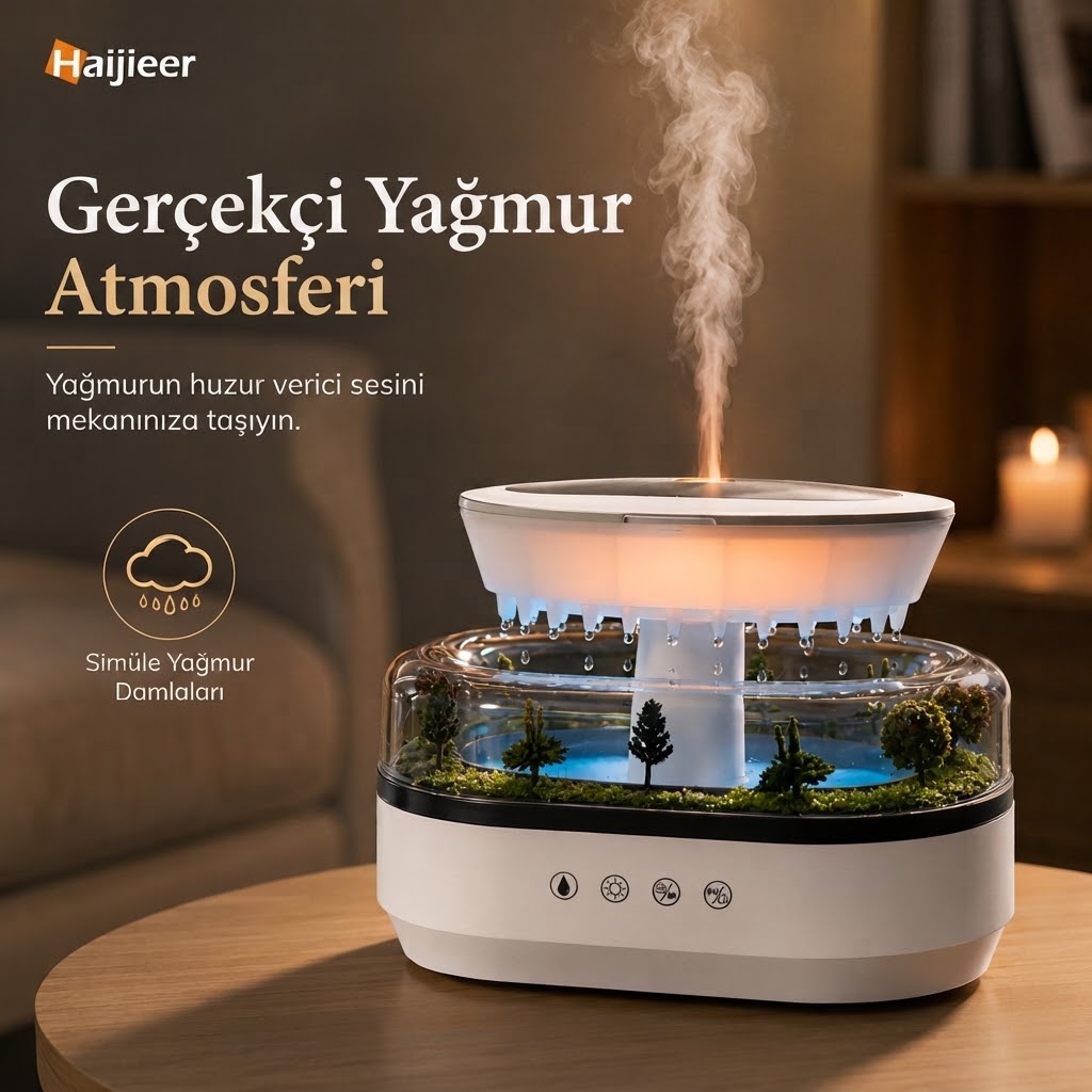 Yağmur Damlası Efektli Hava Nemlendirici ve Aroma Difüzör, Doğa Ses Modları, LED Ambiyans Işıklı, Sessiz Çalışma, Buharlı Nemlendirici Buhar Makinesi, Dekoratif Tasarım (Yapay Teraryum Tasarımı)