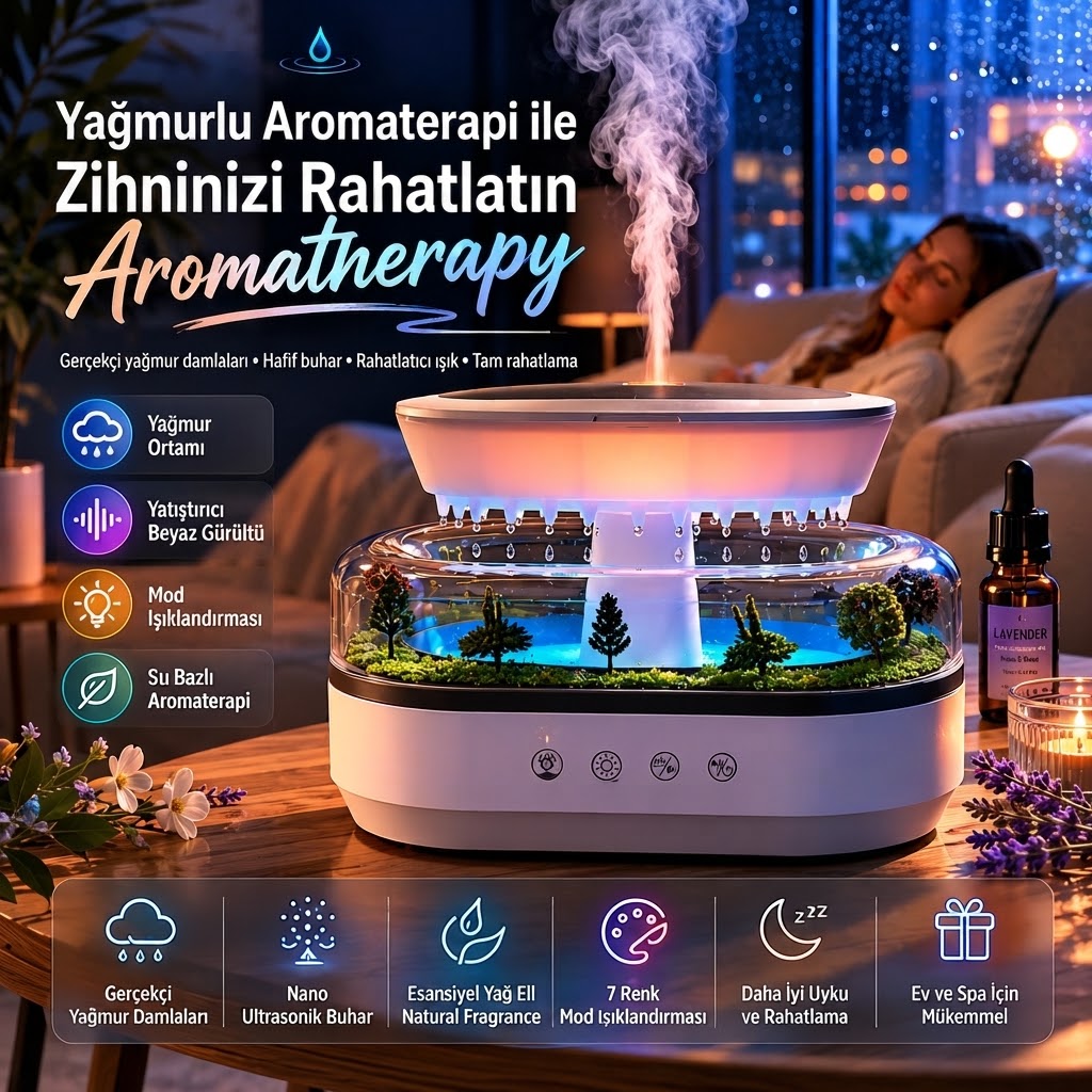 Yağmur Damlası Efektli Hava Nemlendirici ve Aroma Difüzör, Doğa Ses Modları, LED Ambiyans Işıklı, Sessiz Çalışma, Buharlı Nemlendirici Buhar Makinesi, Dekoratif Tasarım (Yapay Teraryum Tasarımı)