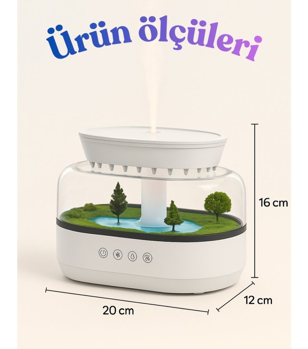 Yağmur Damlası Efektli Hava Nemlendirici ve Aroma Difüzör, Doğa Ses Modları, LED Ambiyans Işıklı, Sessiz Çalışma, Buharlı Nemlendirici Buhar Makinesi, Dekoratif Tasarım (Yapay Teraryum Tasarımı)