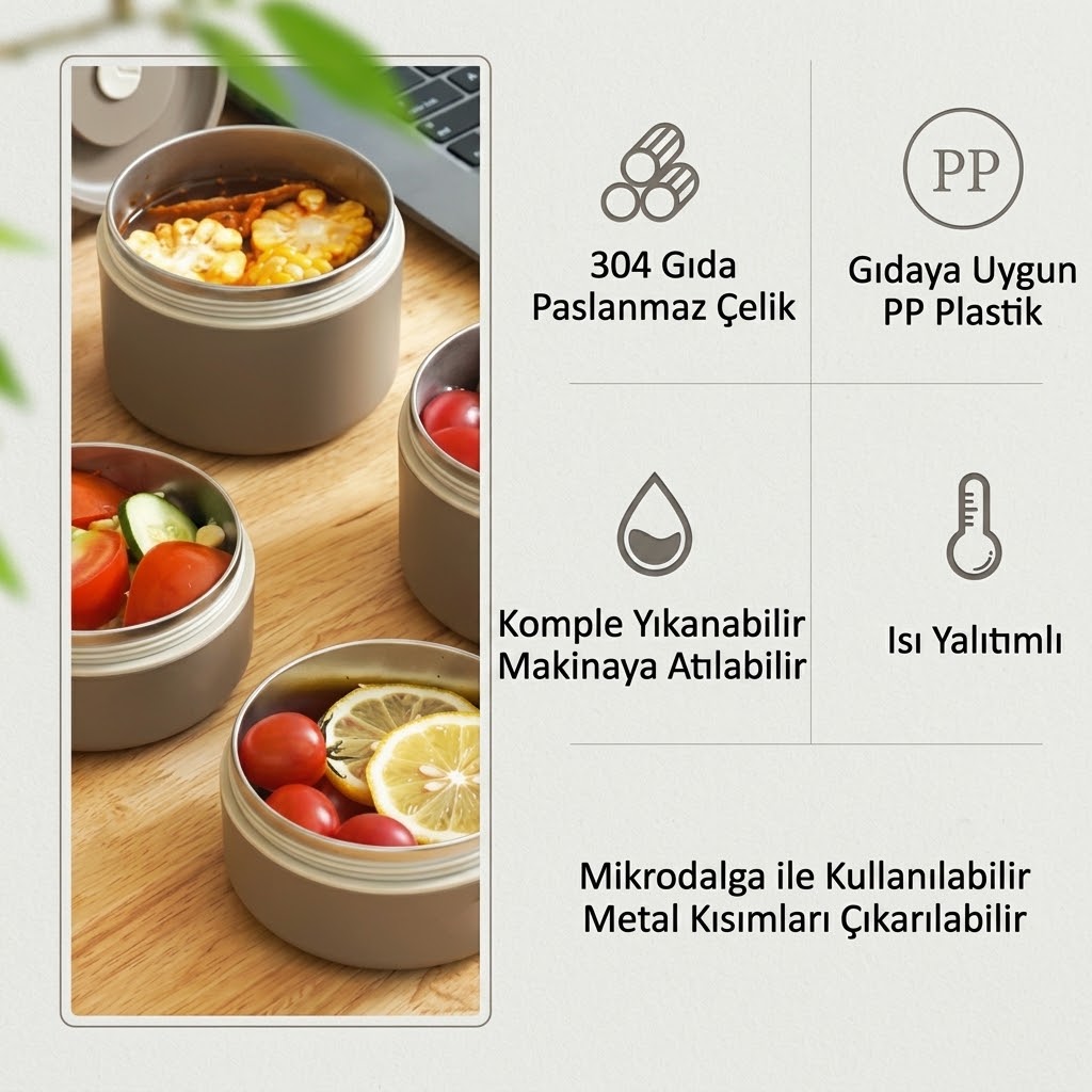 Çantalı Paslanmaz Çelik Yemek Termosu Isı Yalıtımlı 2'3'4 LÜ Set 304 Çelik Kılıflı