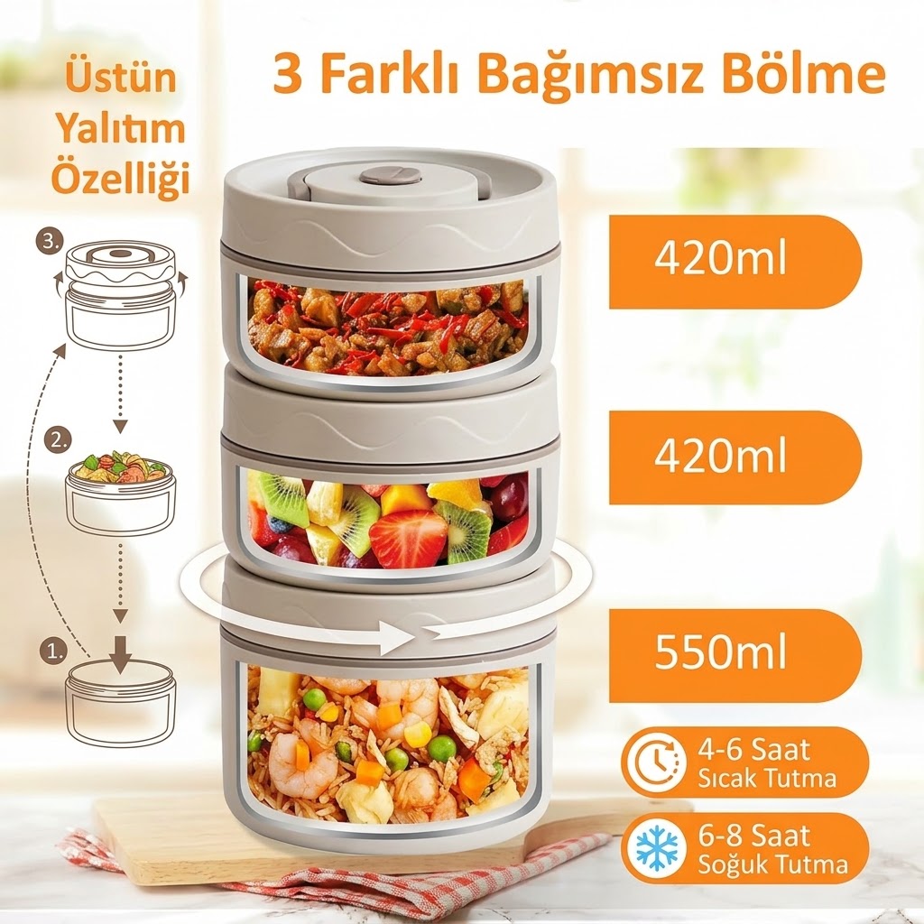 Çantalı Paslanmaz Çelik Yemek Termosu Isı Yalıtımlı 2'3'4 LÜ Set 304 Çelik Kılıflı